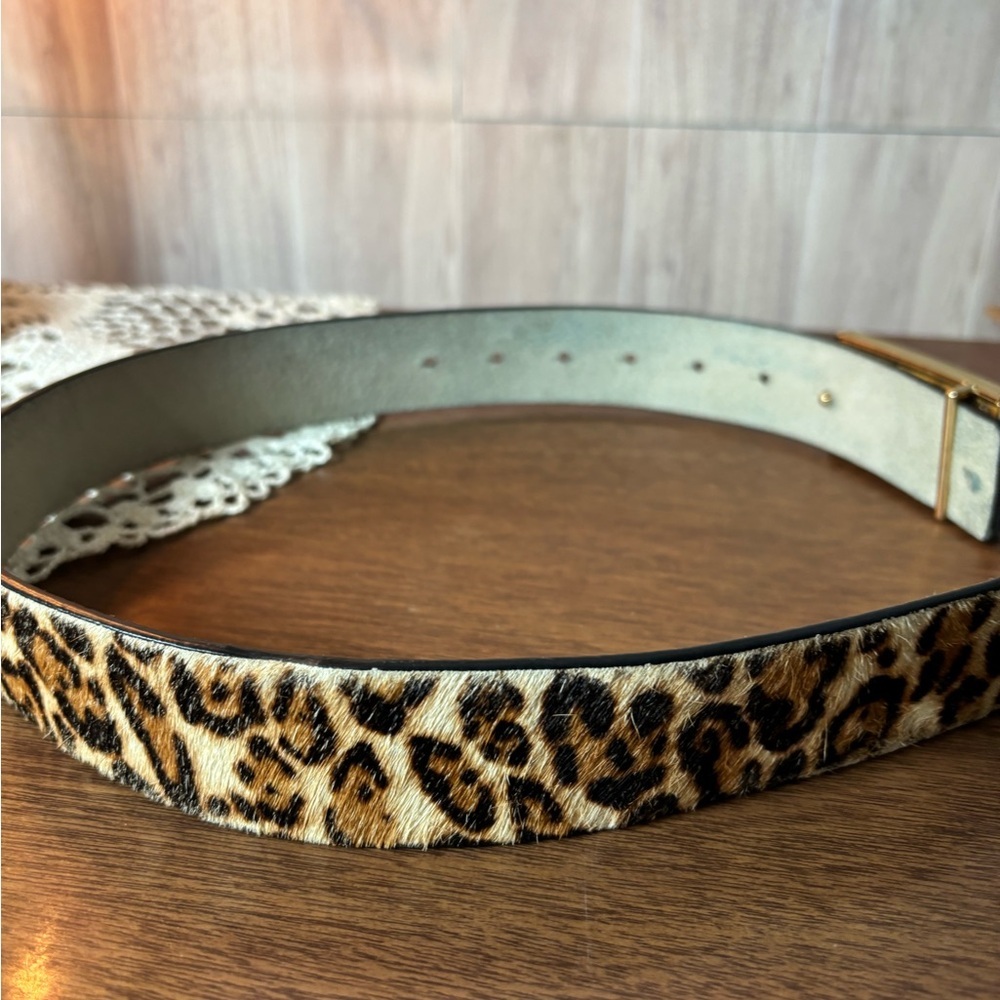White House Black Market Leopard Print Hair Calf & Leather Belt with Gold Buckle - Picture 2 of 6